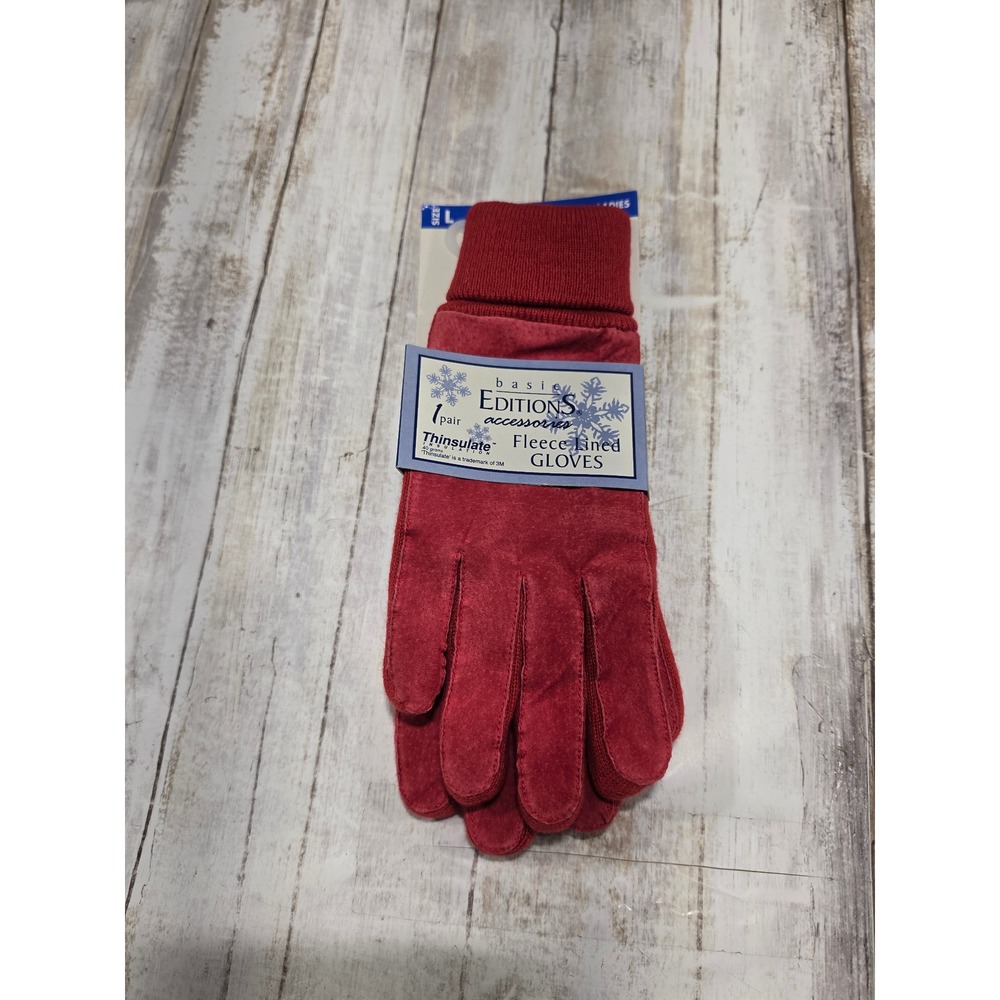 Basic Editions Red Leather Thinsulate  Gloves Women Large Fleece Lined